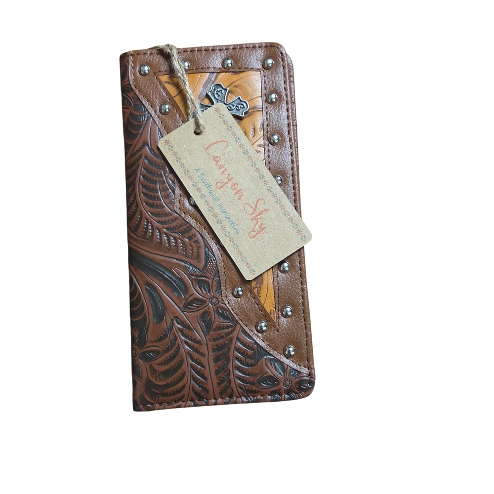 Canyon Sky Western Tooled Long Wallet Floral Cross Studded Bifold Boho NWT